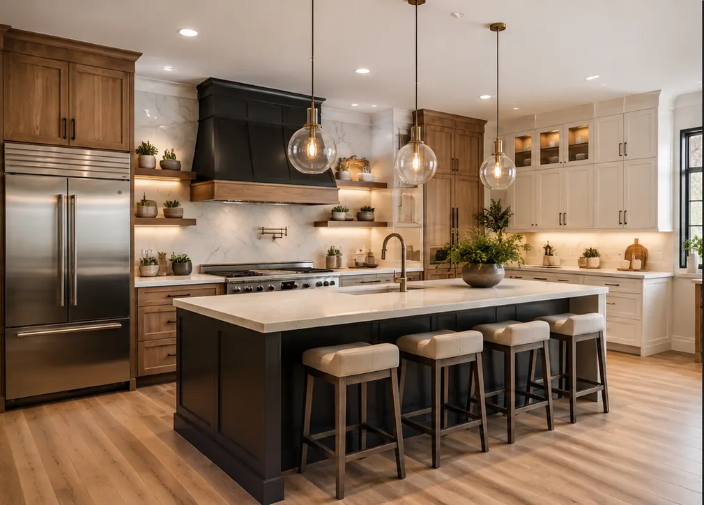 Remodeled kitchen with a dark island, pendant lights and wood cabinetry